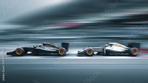 Formula 1 race cars in motion, creating a sense of speed and competition on the track.