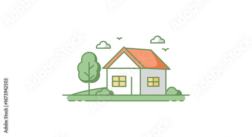 A simple house with a tree and clouds in a peaceful setting
