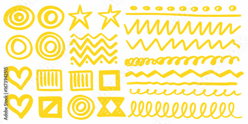 Yellow Hand Drawn Hearts Squares Circles Stars and Wavy Lines abstract border