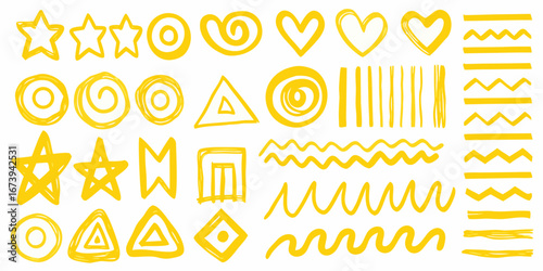 Yellow Hand Drawn Shapes Stars Circles Triangles and Wavy Lines abstract border