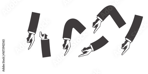 A surreal illustration of multiple disembodied arms in suits, each pointing in different directions, creating a sense of confusion, repetition, and endless circular motion.