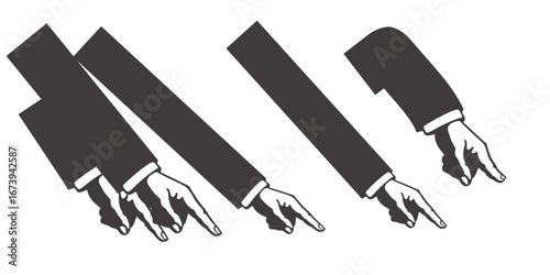 A surreal illustration of multiple disembodied arms in suits, each pointing in different directions, creating a sense of confusion, repetition, and endless circular motion.