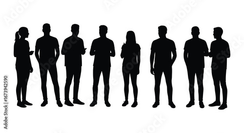 A group of people standing in a line as black silhouettes on white background