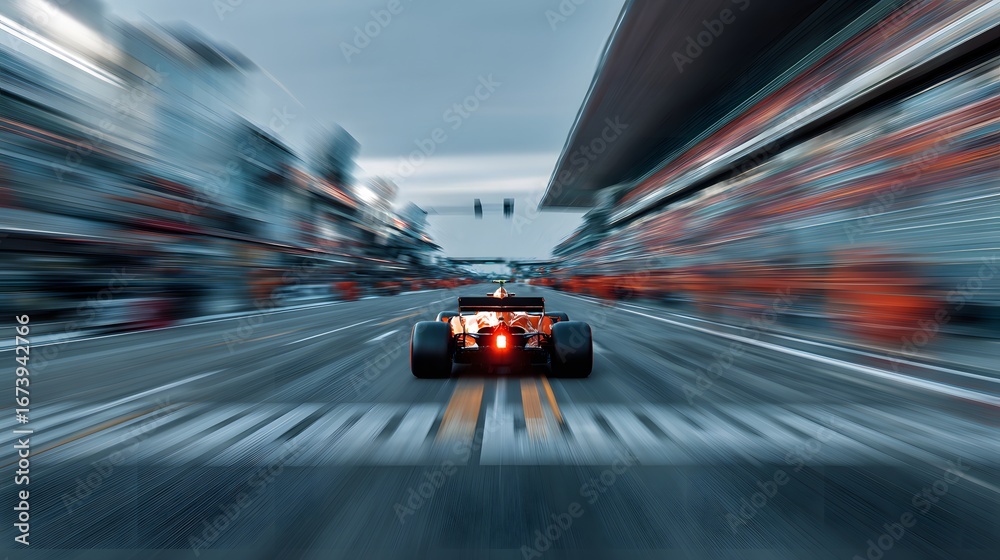 Naklejka premium Formula 1 car in motion, speeding down a race track.