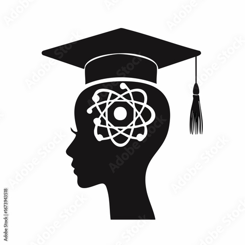 Silhouette of a female graduate student with an atom inside her head.