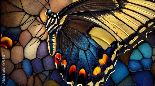 Vibrant Butterfly Wing Closeup on Mosaic Background