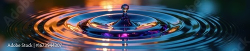 A single drop creates widening circular ripples, surface, clean, element