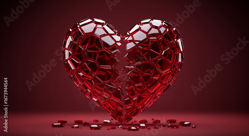 A shattered heart of red crystal, symbolizing emotional pain and relationship breakup on a dark red background