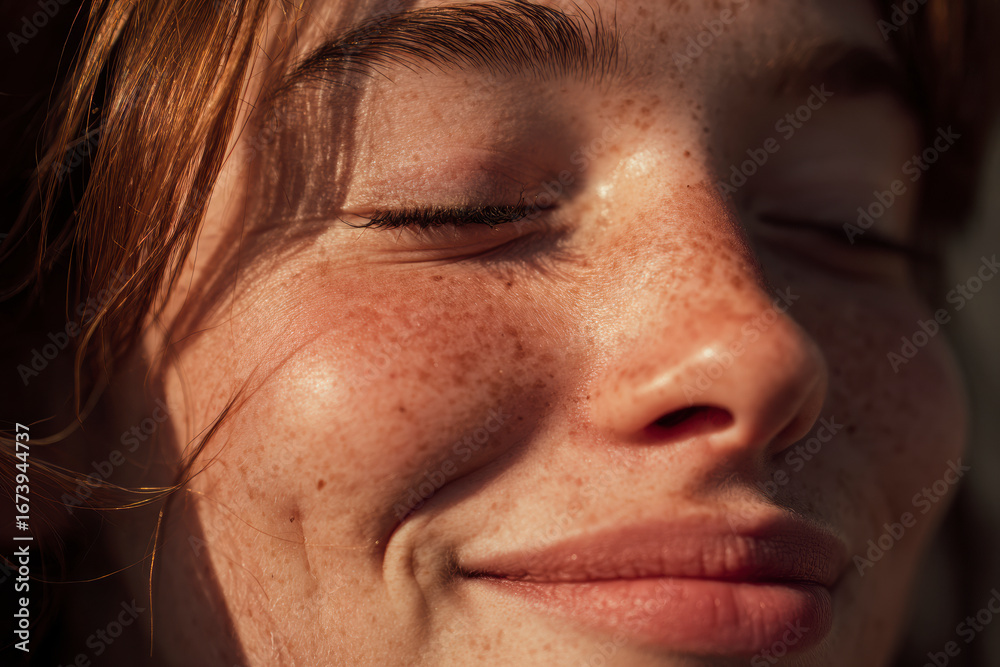 Obraz premium Sun-kissed skin: A close-up of a woman's face with freckles, eyes closed, bathed in warm, natural light.