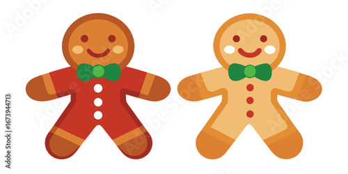 Two gingerbread men with bow ties on a white background