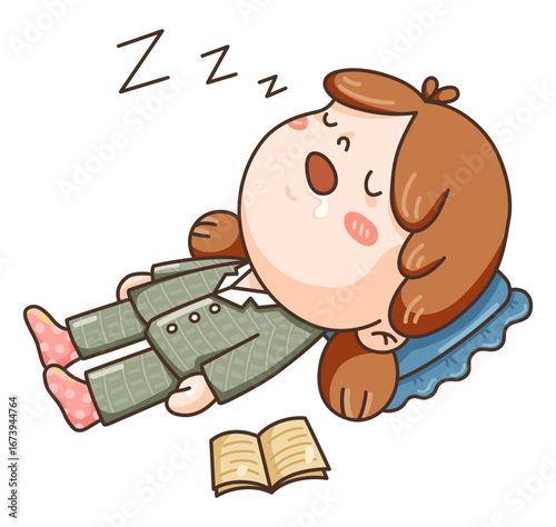 Cute cartoon girl sleeping on the floor with a pillow and book, representing relaxation, nap time, and cozy lifestyle. Perfect for concepts like rest, break time, or weekend leisure.