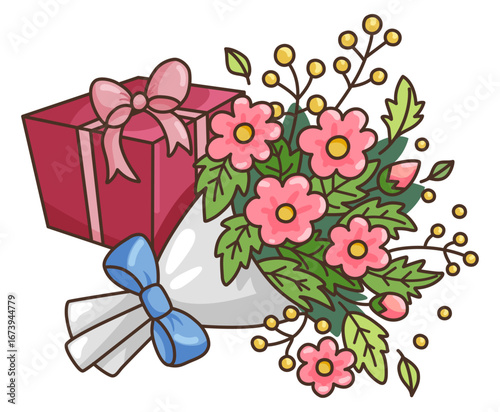 Cartoon illustration of a flower bouquet with a gift box, symbolizing celebration, gratitude, and special occasions. Perfect for birthday, anniversary, or holiday greeting designs.