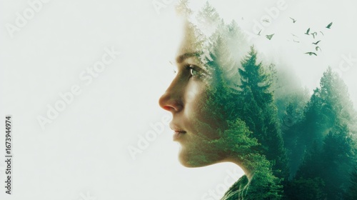 Thoughtful Young Woman with Nature Overlay in Double Exposure Style for Reflection.