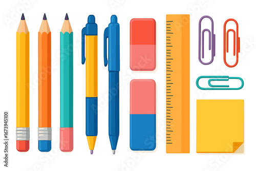 A collection of vibrant and colorful stationery items laid out on a surface, including pencils, pens, erasers, a ruler, paper clips, and a sticky note. They are arranged neatly and ready for use.