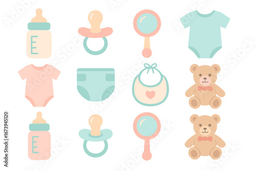 A collection of adorable baby items, designed in soft colors and displayed in a grid arrangement. The image showcases various essential items