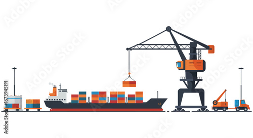 a cargo ship being loaded with containers by a large crane