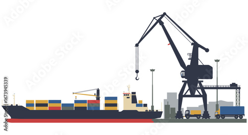 a cargo ship being loaded by a large crane at a port facility