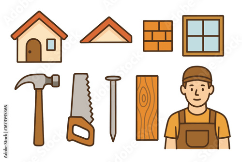 Illustrative set of construction elements, including tools, house components, and a construction worker. A versatile image capturing the essentials of the trade