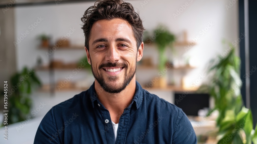 Obraz premium Friendly smiling man with beard and dark hair wearing casual shirt indoors.