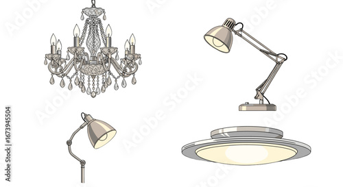 A set of various lamps against a white background, showcasing different designs. It features a chandelier, an adjustable desk lamp, another similar lamp, and a modern ceiling light
