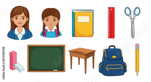 Collection of school essentials, including a student, a backpack, a desk, and various stationery items. The vibrant colors and neat arrangement highlight the importance of education and preparedness