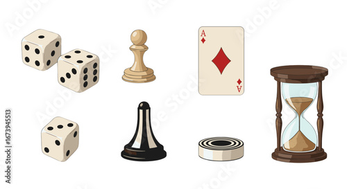 A collection of game pieces. Featured dice, chess pieces, a playing card, and hourglass, perfect for design project.