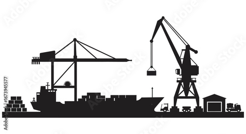 a black silhouette of a cargo ship with cranes and containers on dock