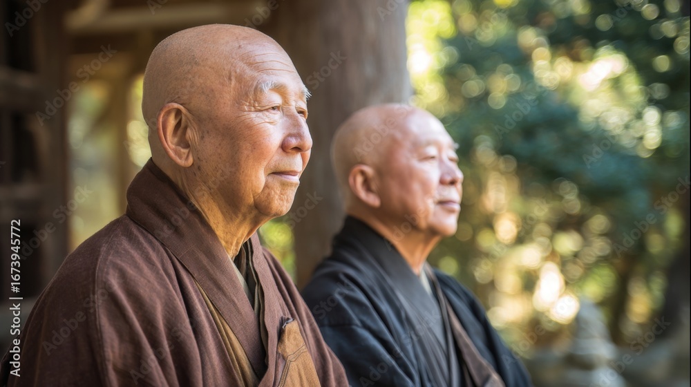 Obraz premium Two elderly Buddhist monks meditating outdoors in peaceful nature setting during sunrise.