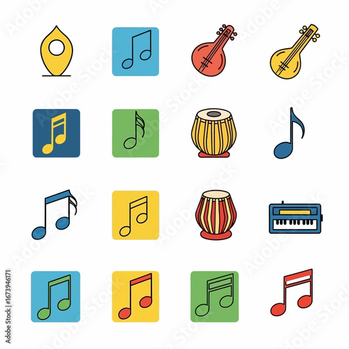 Colorful vector icons of musical instruments, notes, and a location marker arranged in a grid.