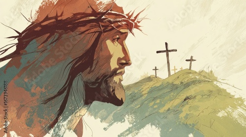 Artistic depiction of Jesus Christ with crown of thorns and three crosses in background.