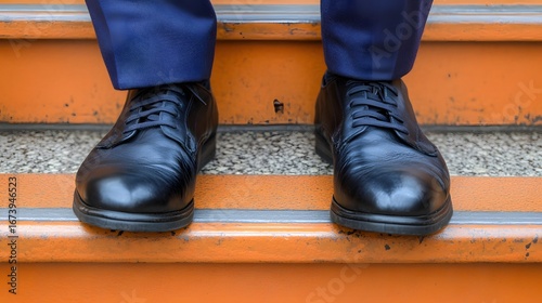 Elegant Black Leather Shoes on Orange Stairs Businessman Feet