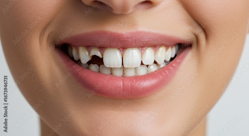 Obraz premium Closeup of female smile with broken tooth, dental health problem photography.