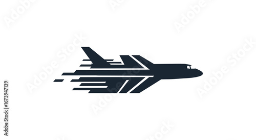 Airplane flying fast with motion lines in dark blue color