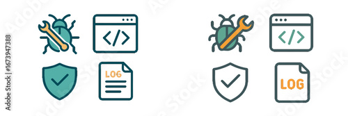 Tools for debugging software with icons and symbols in vector style