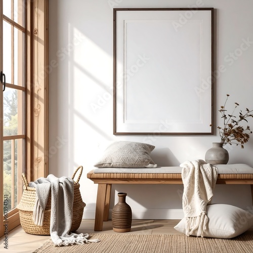 Blank vertical picture frame mockup above wooden bench with pillows and woven basket in Japandi style living room