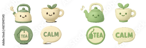 Cute vector illustration of tea time with friendly teapots and cups