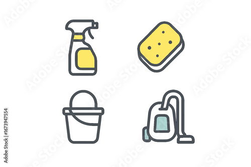 Cleaning supplies collection for household chores and sanitation