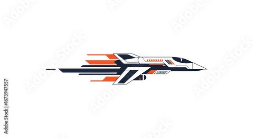 Futuristic spaceship with orange and blue accents flying through space