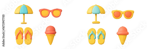 Summer vacation essentials including sunglasses and ice cream