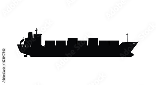 Large cargo ship silhouette with containers on deck in black