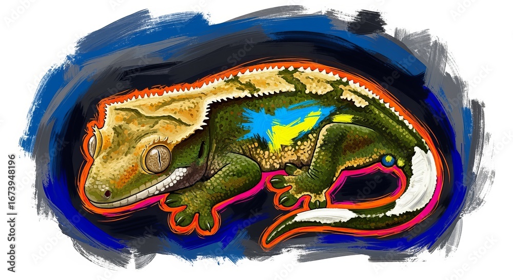 Obraz premium Colorful Crested Gecko Artwork Illustration with Blue and Green Scales