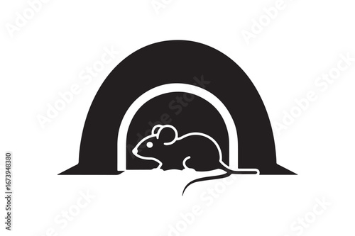 Adorable Vector Silhouette Icon of a Small Mouse in a Cozy Hole