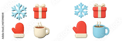 Cheerful winter elements featuring snowflakes gifts and warm drinks