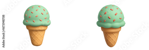 Colorful mint ice cream cones with sprinkles on a white background