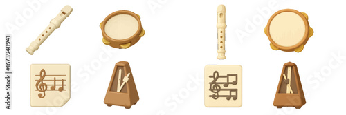 Musical instruments collection with recorder tambourine and metronome