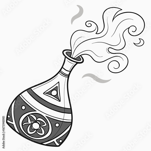 Artistic black and white illustration of a decorated potion bottle emitting smoke