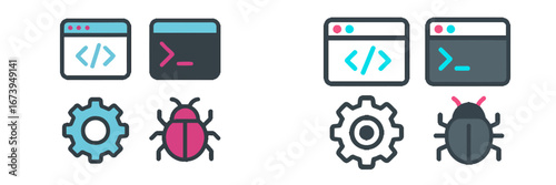 Vector illustration depicting debugging process with code windows