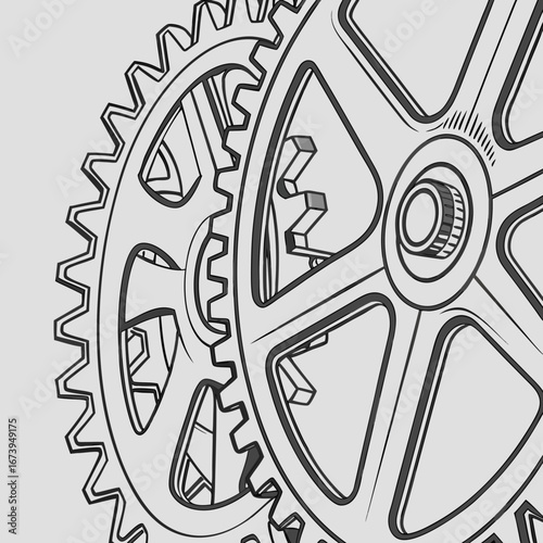 Close up illustration of interlocking gears and bicycle chainring