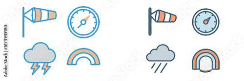 Weather icons collection showcasing winds, rain, and sun