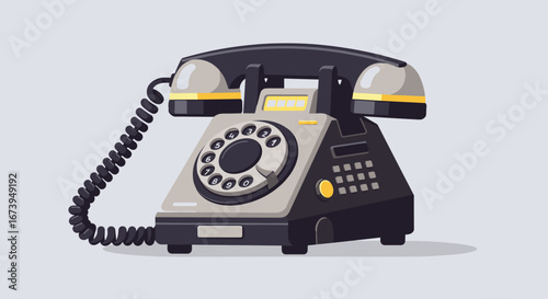 Retro rotary phone with black cord on light grey background  Suitable for nostalgic marketing and artistic illustrations